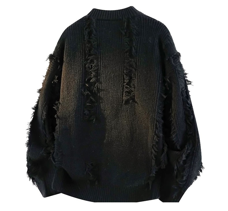 Men’s Fringe Knit Sweater Autumn Loose Fit Casual Pullover High-End Textured Knitwear T0069