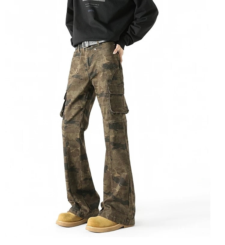 Men’s Camouflage Flared Cargo Jeans – American Vintage Workwear Street Denim B0078