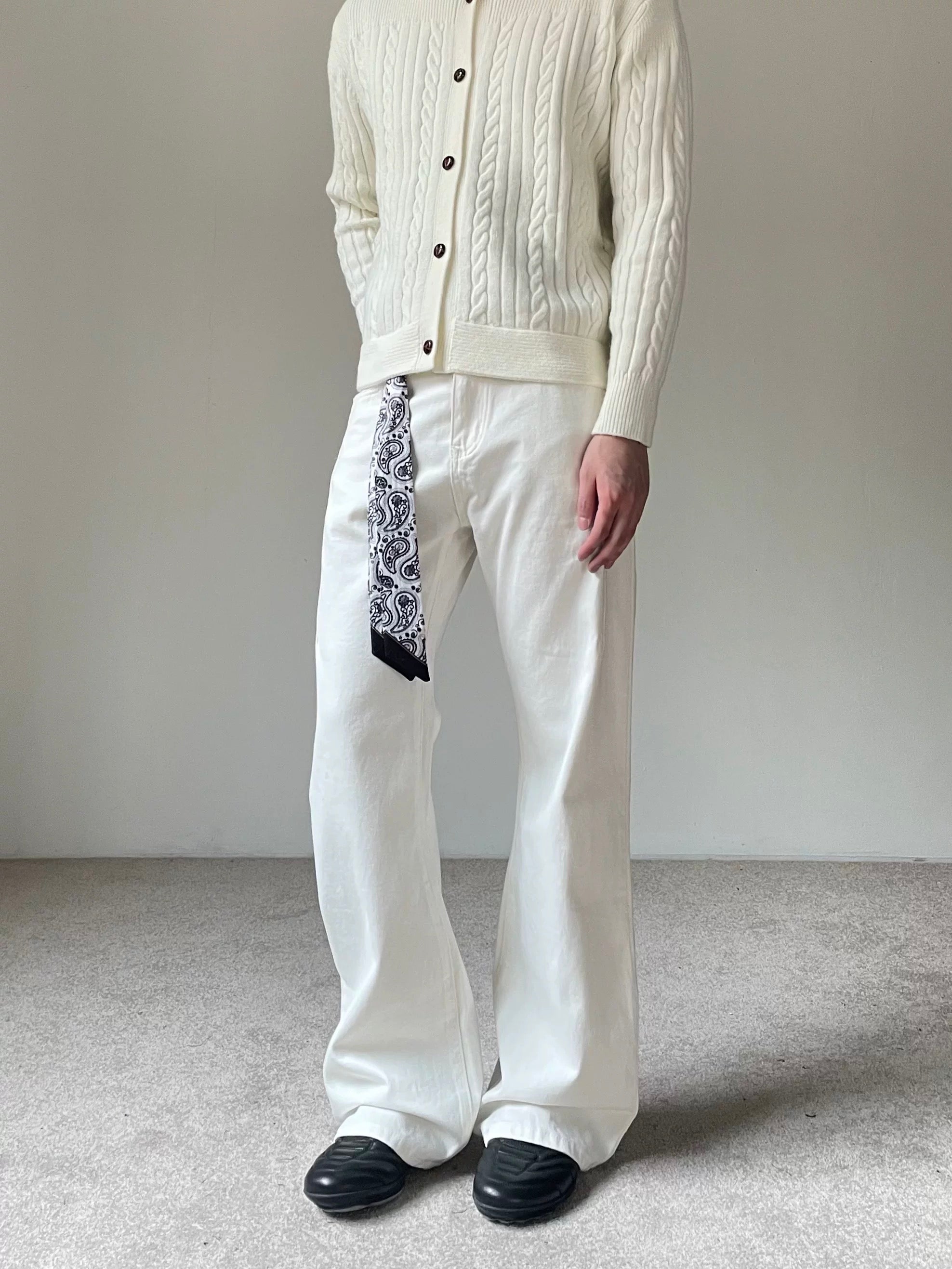 Men’s Vintage Scarf Detail Flare Jeans – American High Street Denim Pants B0074