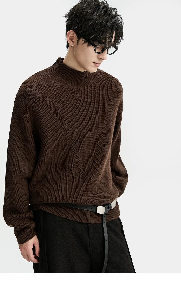 Suéter holgado de punto de lana de color liso para hombre, con cuello semialto y diseño estampado para invierno - Capa base ideal T0043