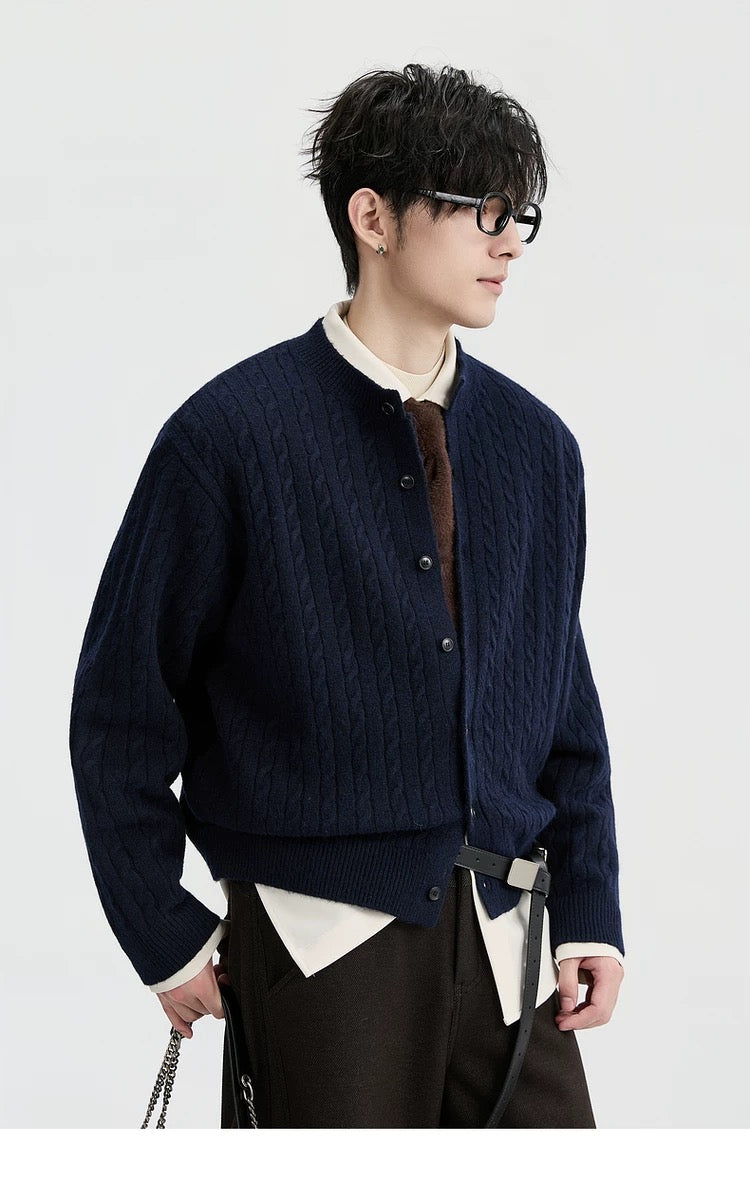 Jacquard Retro-Style Henry Neck Sweater Cardigan for Men - Wool-Blend Knitted Outerwear for Autumn & Winter T0038