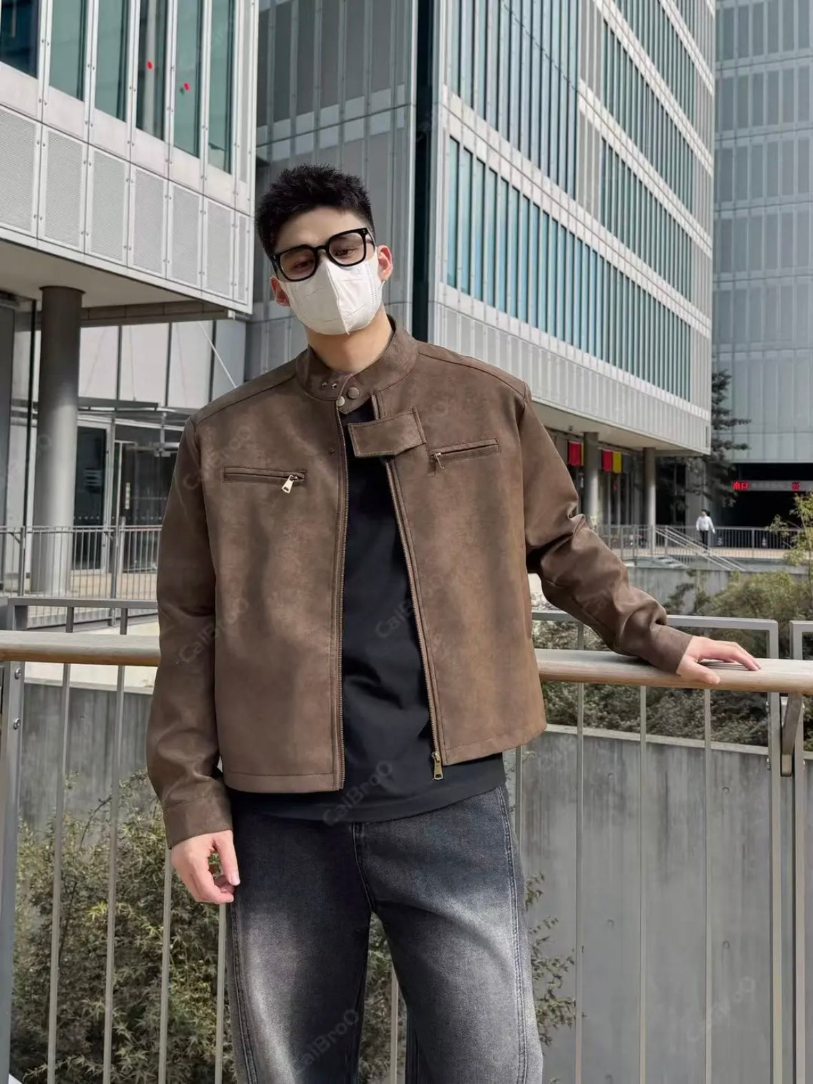 [DAZHONGMA] DYED CROPPED FAUX LEATHER JACKET T0183