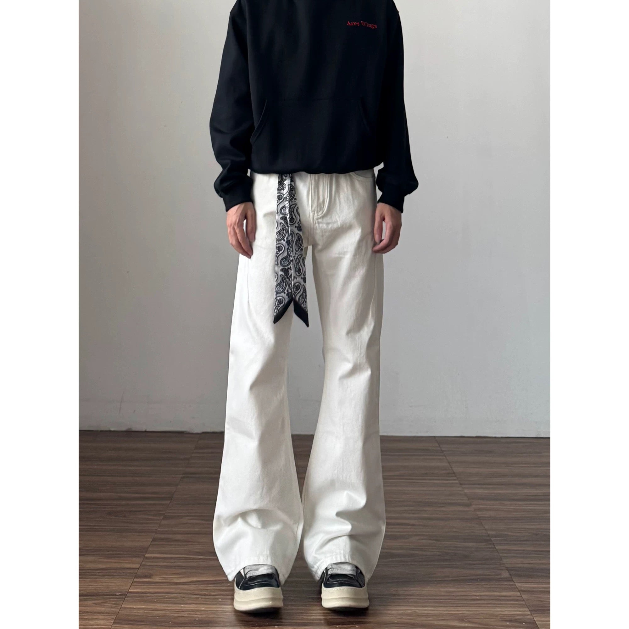 Men’s Vintage Scarf Detail Flare Jeans – American High Street Denim Pants B0074