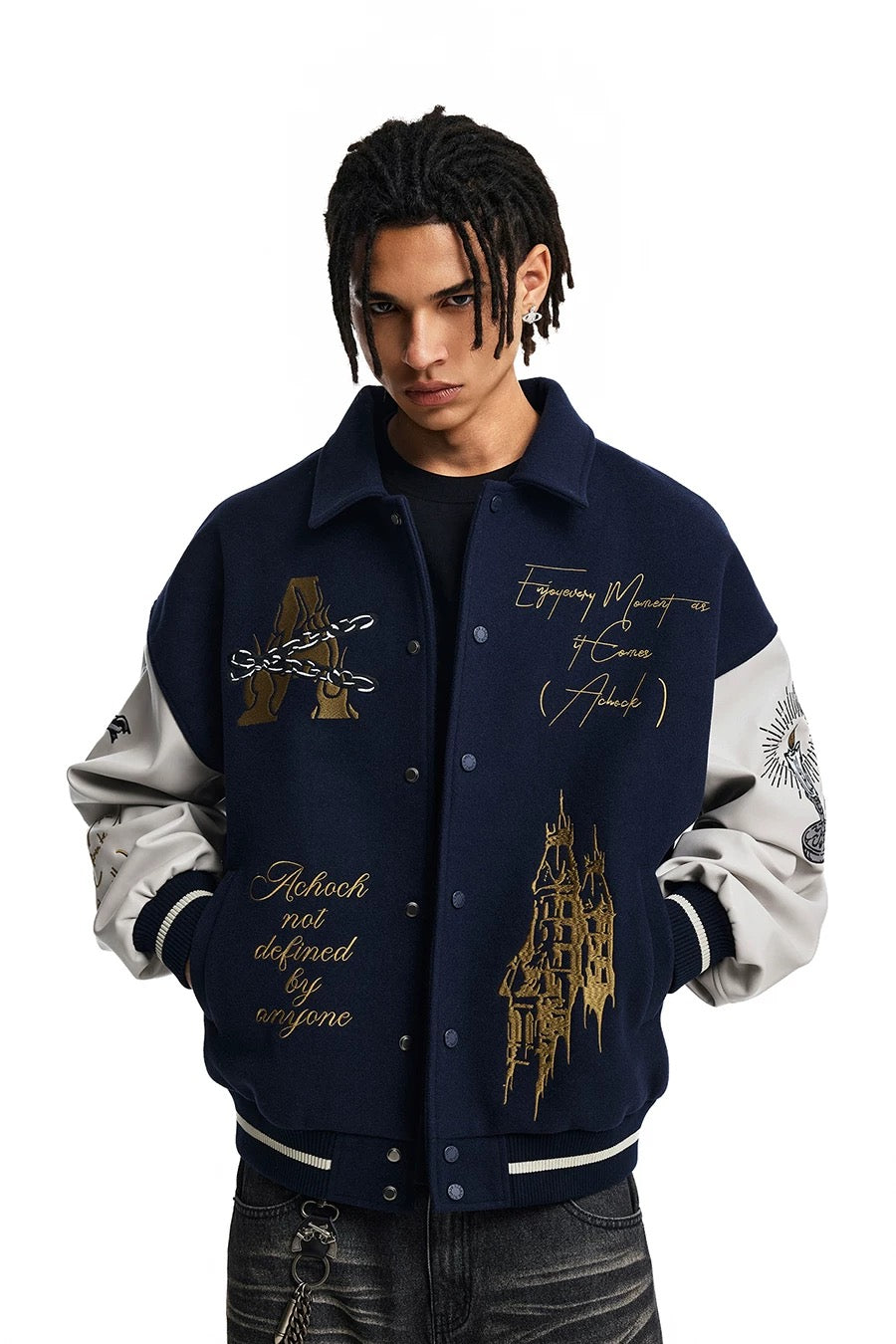 Men’s American Embroidered Patchwork Baseball Jacket – Vintage Streetwear Varsity CoatT0074