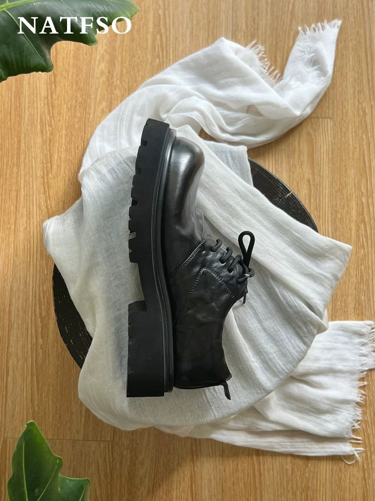 Black Washed Leather Derby Shoes - Chunky Platform Sole with Wrinkled Texture (Cleanfit Men's Footwear) S0001