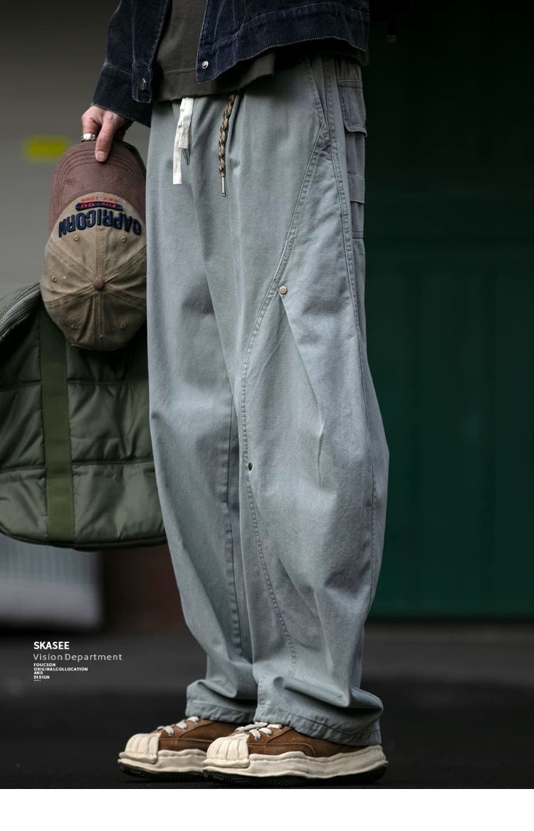 ヴィンテージアメリカンヘビーウォッシュダブルプリーツカーゴパンツ（リベット付き）、バギーワイドレッグドローストリングカジュアルジョガーパンツ T0011