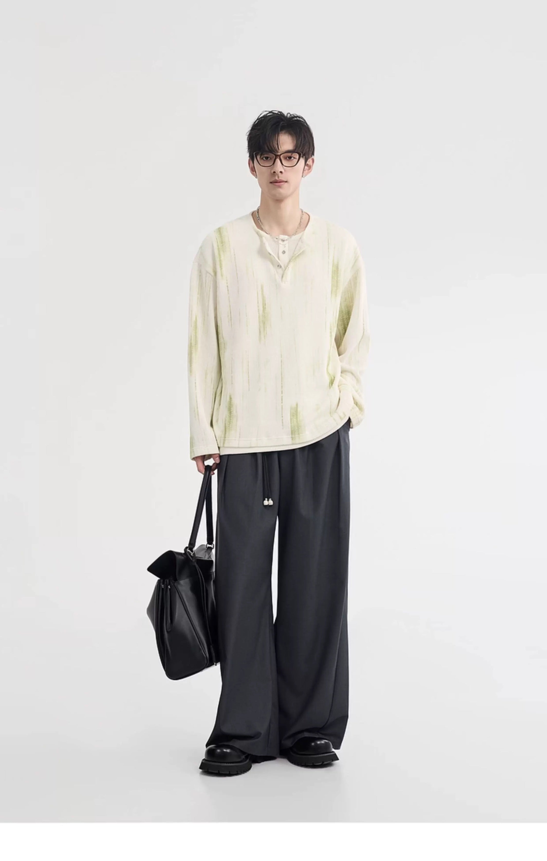 Men's 2025 New Textured Henry Neck Fake Two-Piece - Korean-Style V-Neck Long-Sleeve Base T-Shirt T0040