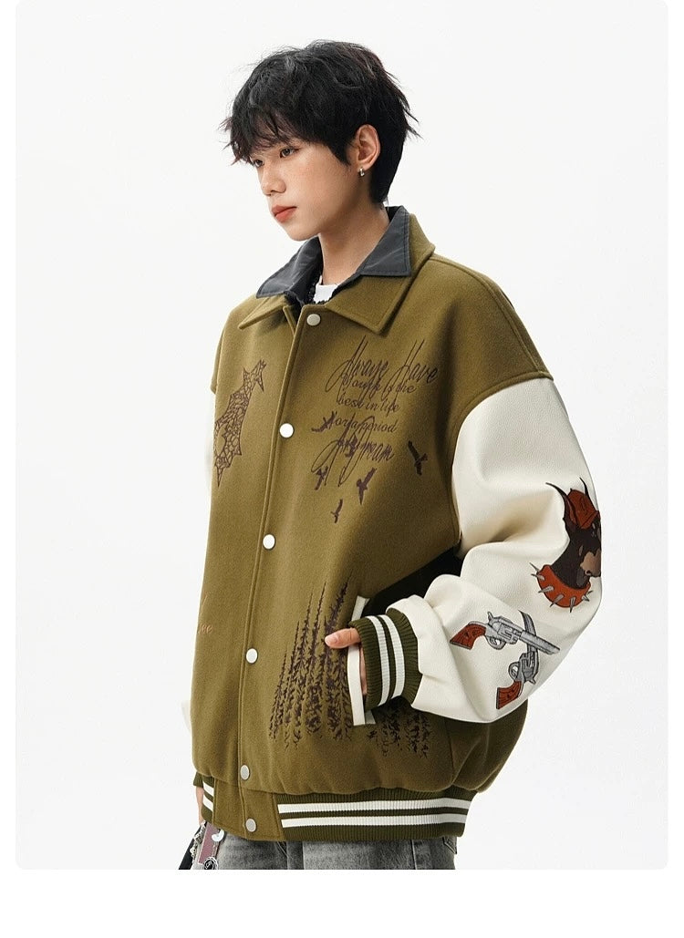 Men’s American Embroidered Patchwork Baseball Jacket – Vintage Streetwear Varsity CoatT0074