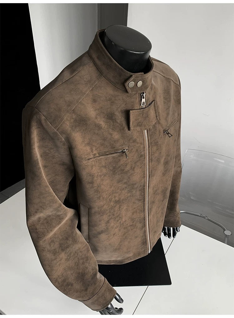 Chaqueta vintage de piel sintética con efecto tie-dye para hombre, cuello alto, estilo urbano, T0078