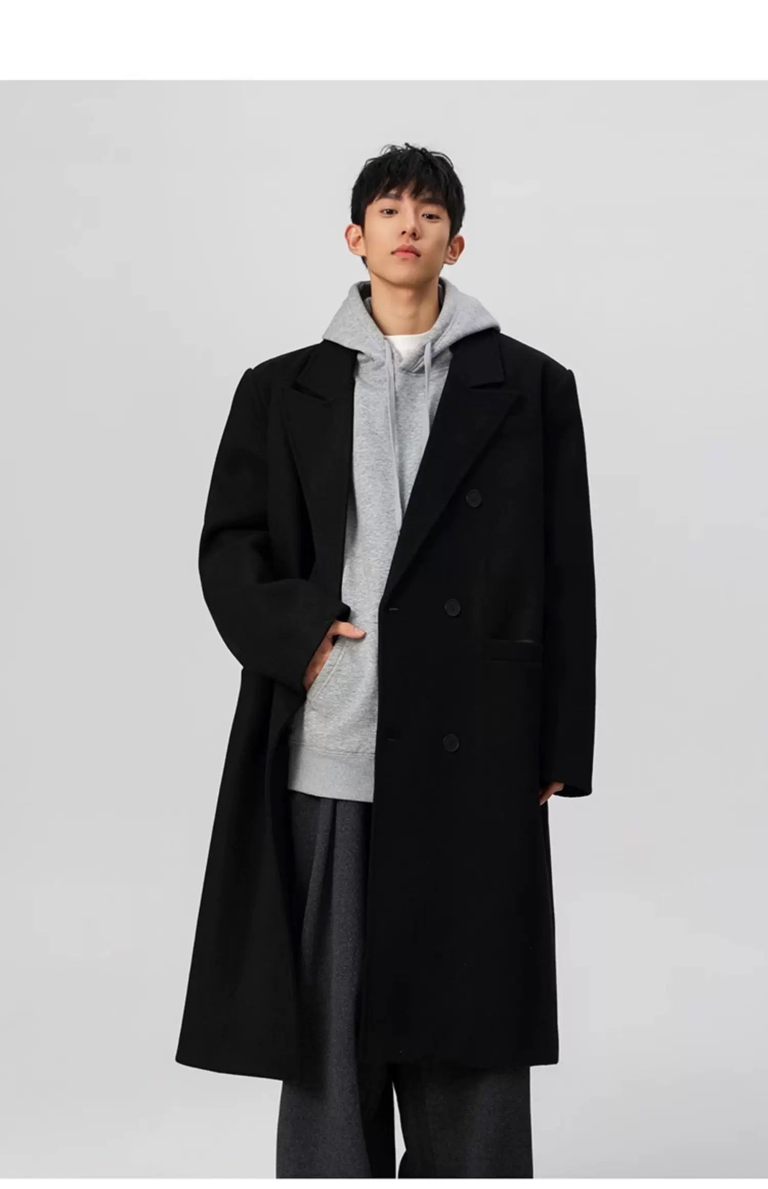 Men’s Long Wool Overcoat – American Vintage Street Tailored Winter Coat T0069