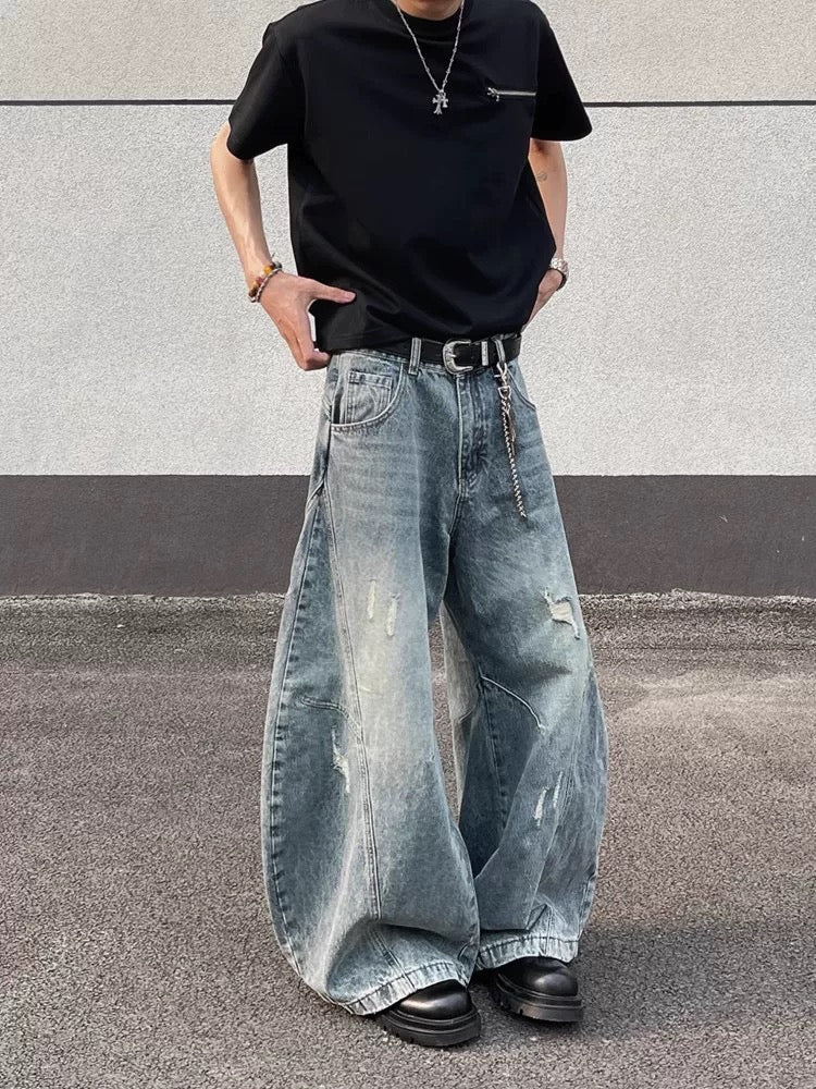 Men’s Vintage Ripped Wide-Leg Jeans – American Retro Streetwear Denim Pants B0092