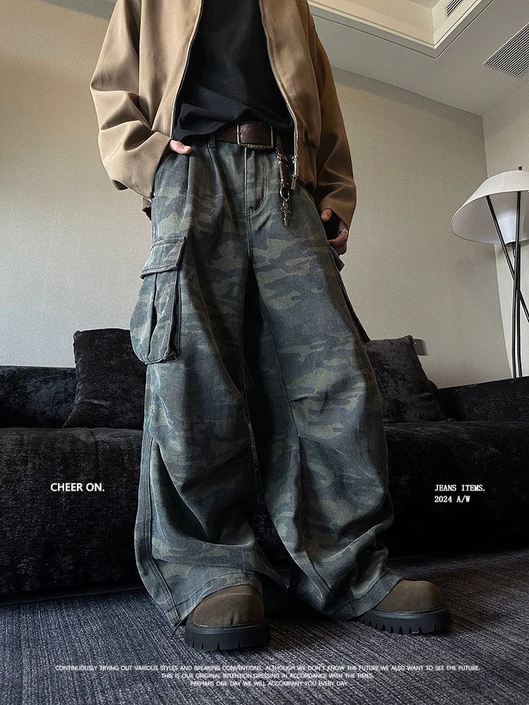 Heavyweight Vintage Camo Cargo Pants - Wide-Leg Relaxed Fit with Patchwork Pockets (Unisex Streetwear) B0104