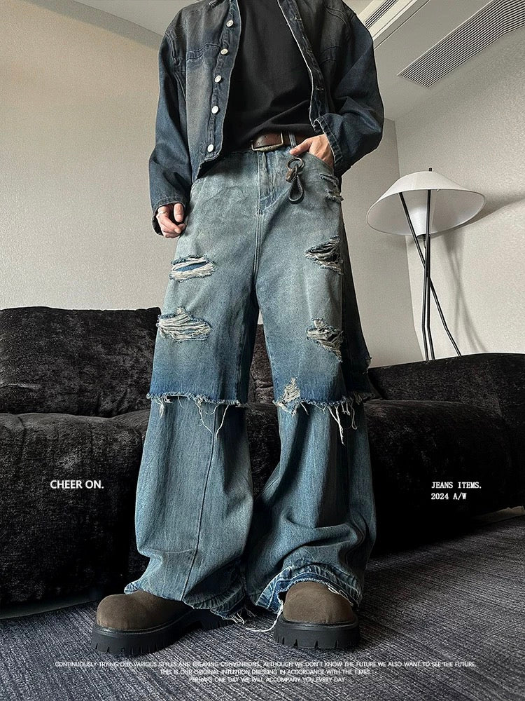 Vintage American Distressed Jeans - Stacked Two-Layer Design Straight-Leg Pants for Men and Women (High-Street Style) T0028