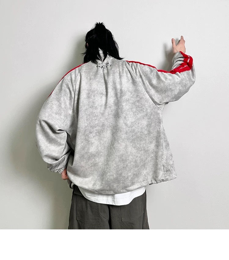 メンズ プリント カラーブロック フリースジャケット - レトロ パッチワーク ストリートウェア アウターウェア T0037