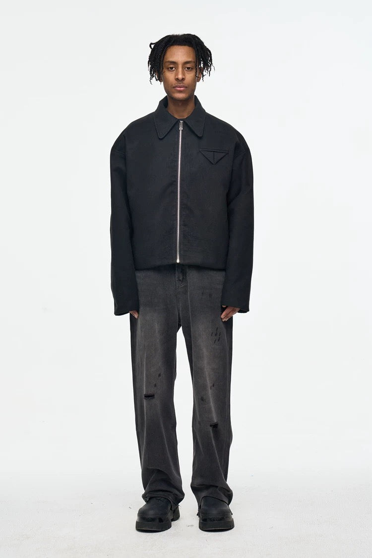 Men’s Retro Boxy Zip-Up Jacket – American Vintage Cropped Street Outerwear T0057