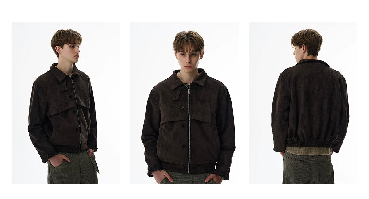 American Retro Suede Jacket – Brown Faux Suede Lapel Trucker Coat T0027