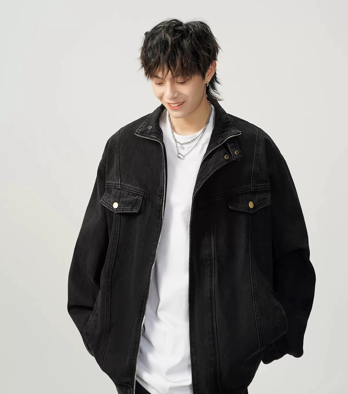 Men’s Vintage Washed Denim Jacket – American Retro Distressed Streetwear Outerwear T0046