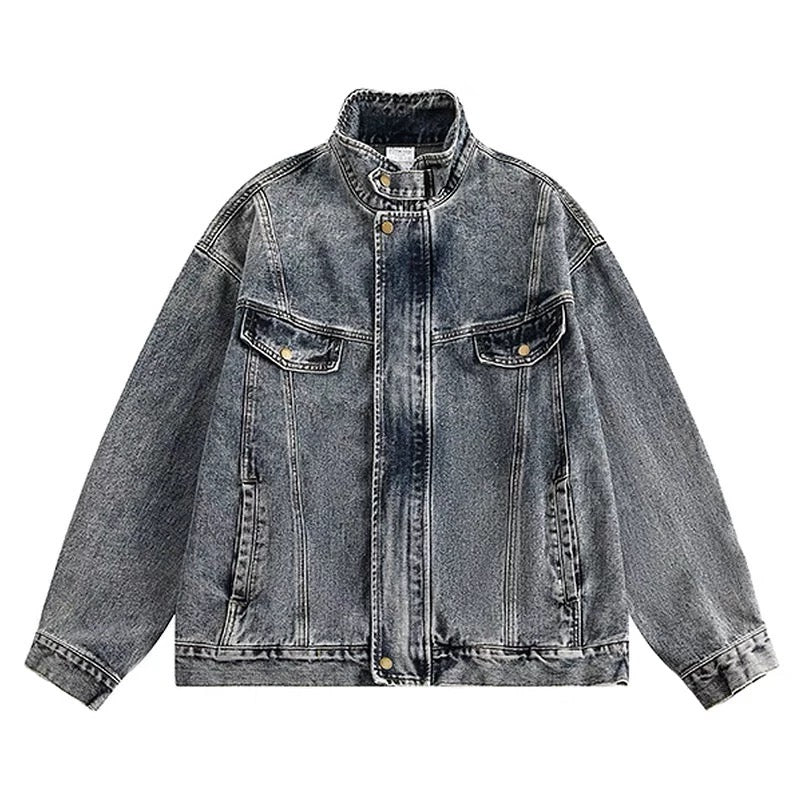 Men’s Vintage Washed Denim Jacket – American Retro Distressed Streetwear Outerwear T0046