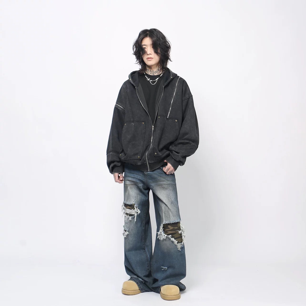 Men’s Heavyweight Streetwear Hooded Zip-Up Hoodie Painted Distressed Oversized Casual Jacket T0077