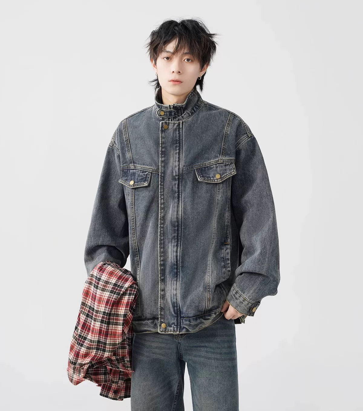 Men’s Vintage Washed Denim Jacket – American Retro Distressed Streetwear Outerwear T0046
