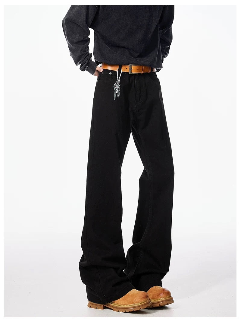 Men’s Black Straight-Leg Jeans – American Minimal Street Denim Pants B0077