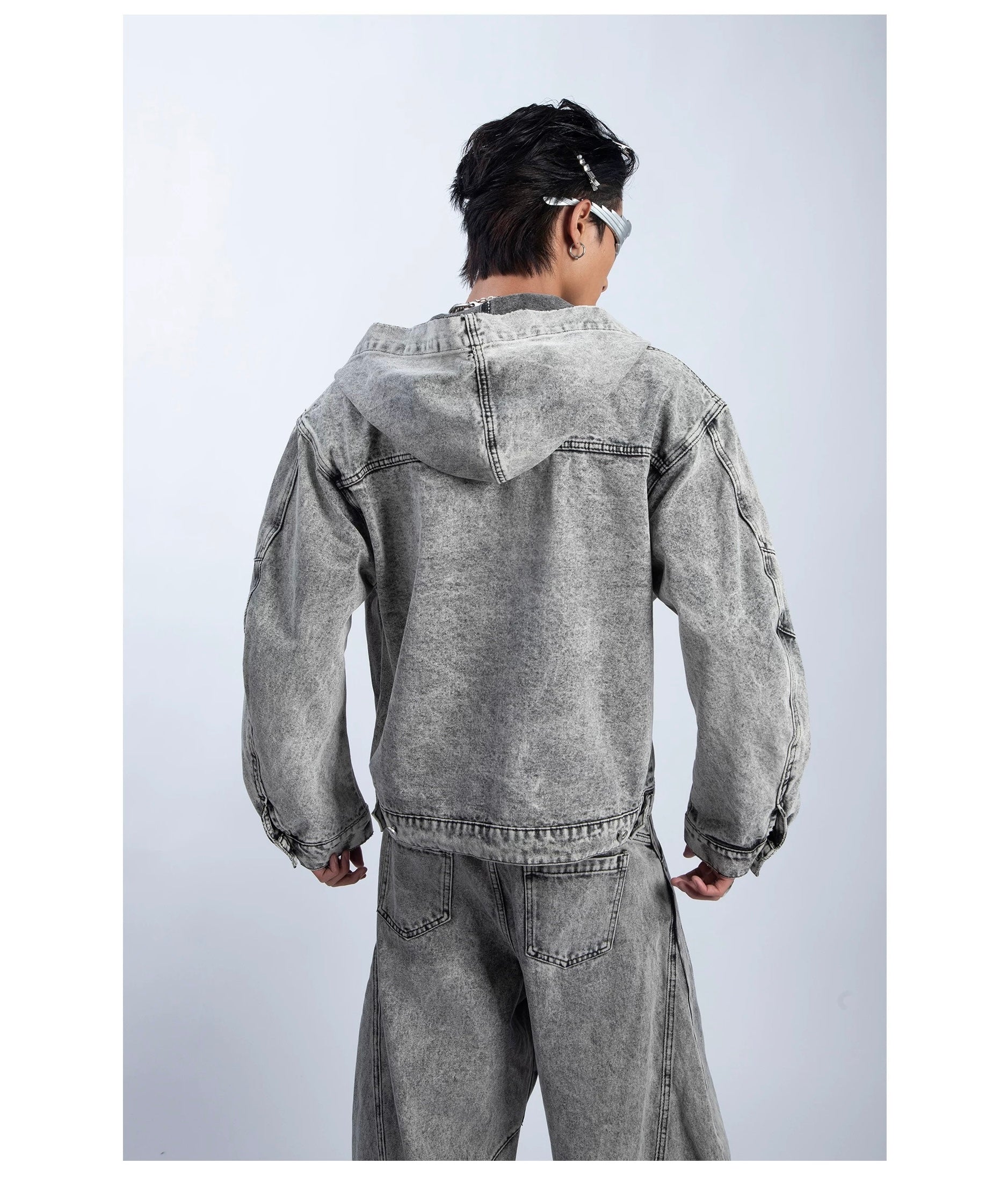 Men’s Deconstructed Distressed Denim Hoodie Jacket – Vintage Heavywork Streetwear Outerwear T0043