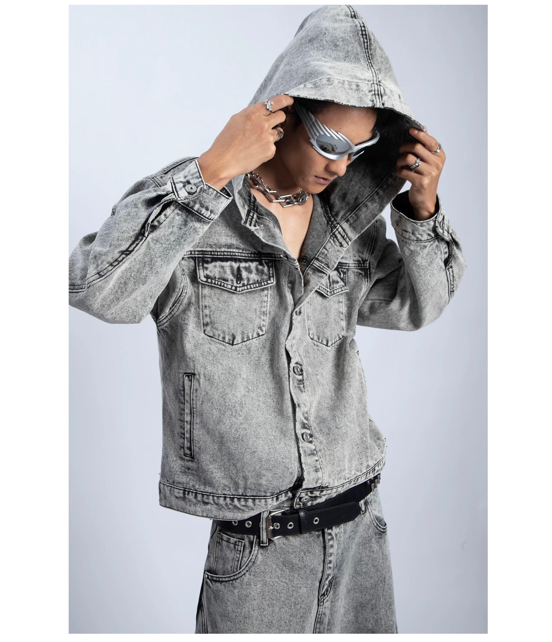 Men’s Deconstructed Distressed Denim Hoodie Jacket – Vintage Heavywork Streetwear Outerwear T0043