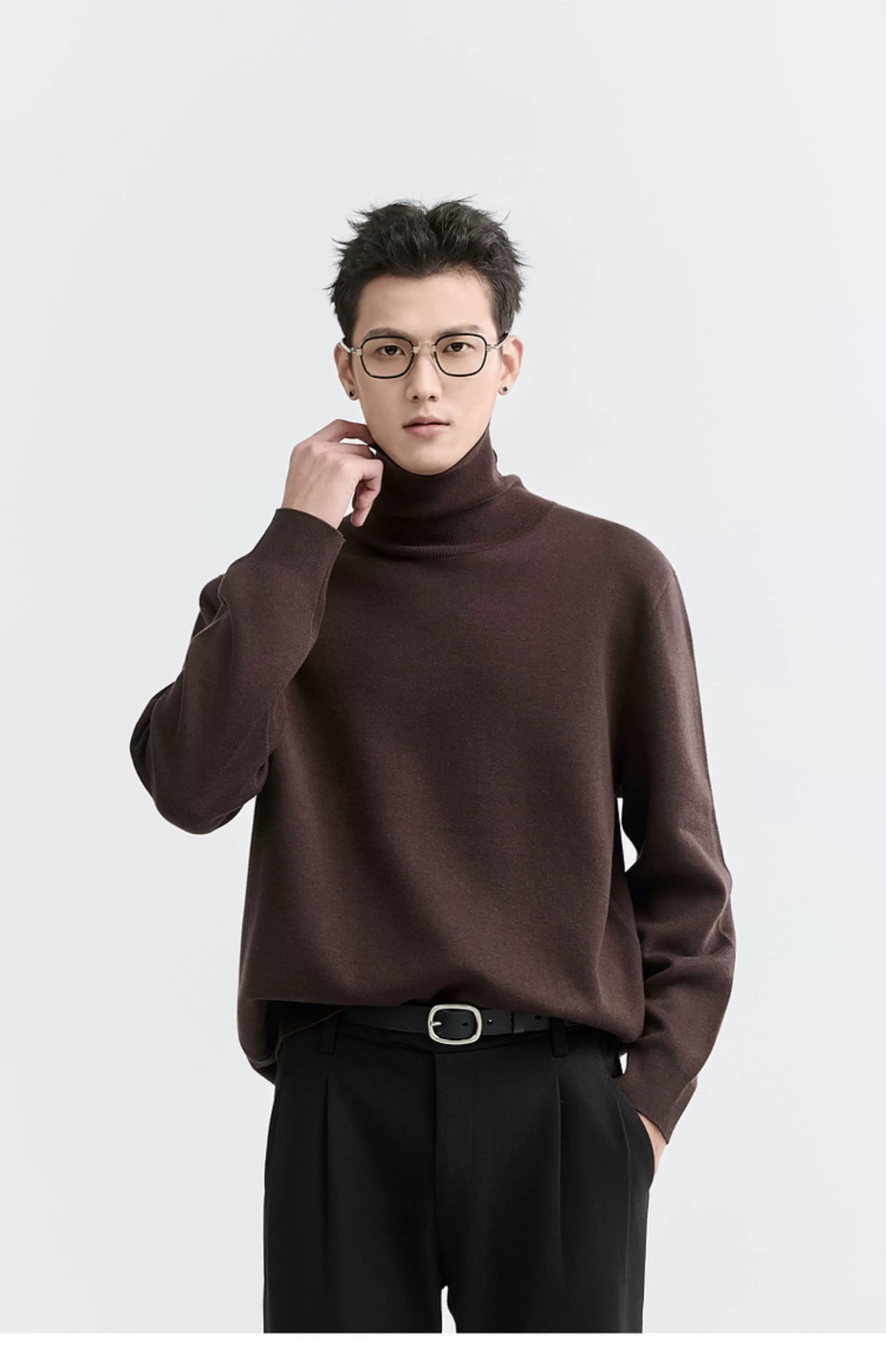 Suéter de punto de cuello alto para hombre - Capa base con forro polar grueso para otoño e invierno T0041