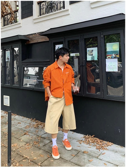 American Streetwear Orange Plaid Shirt – Vintage Long Sleeve Flannel for Men T0241