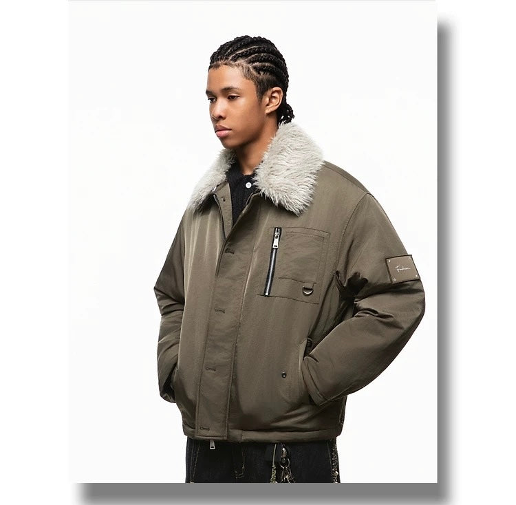 Men’s Detachable Fur Collar Padded Jacket – American Retro Winter Street Outerwear T0055