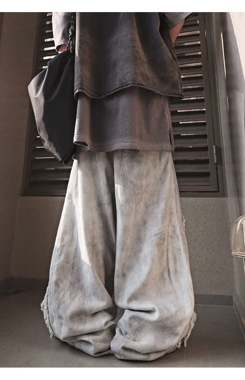 Men’s Vintage Distressed Washed White Denim Jeans Streetwear Loose Straight Mud-Dye Baggy Pants B0096