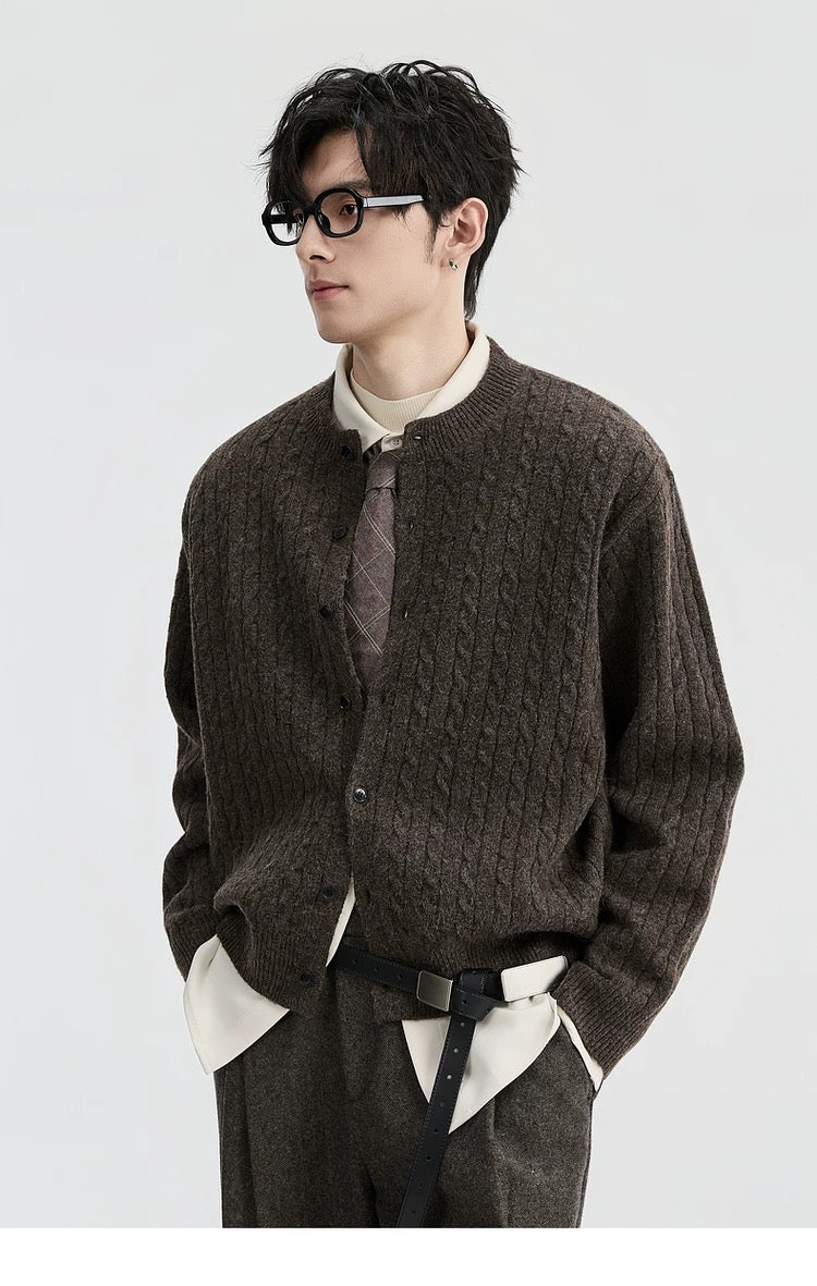 Jacquard Retro-Style Henry Neck Sweater Cardigan for Men - Wool-Blend Knitted Outerwear for Autumn & Winter T0038