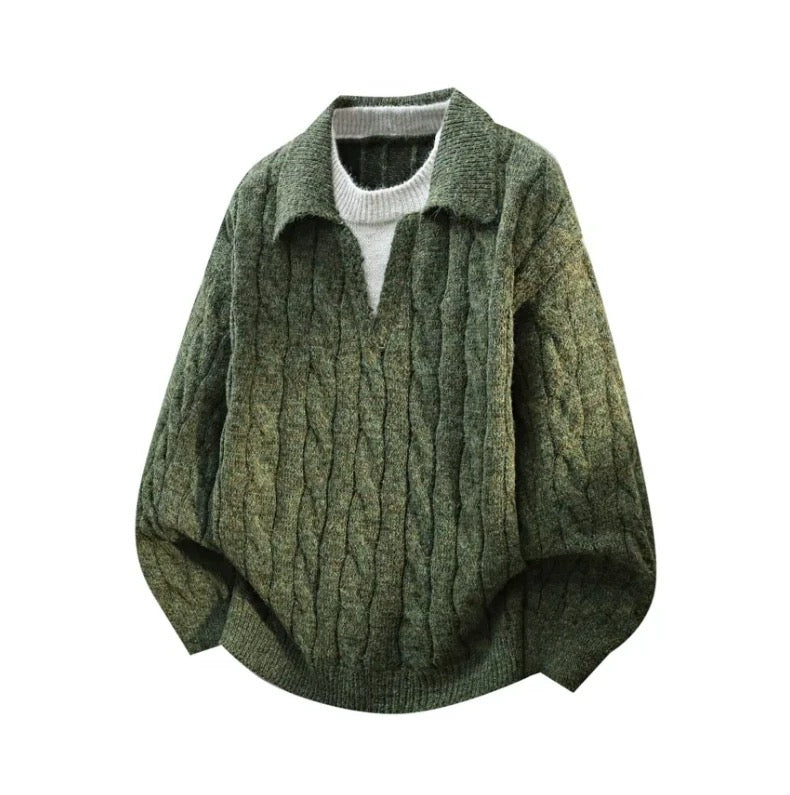 Men’s Vintage Cable Knit Layered Sweater – Retro Street Faux Two-Piece Pullover S0043
