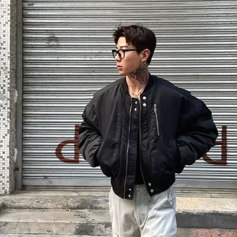 Men’s Cropped Bomber Puffer Jacket – American High Street Short Cotton Outerwear T0071