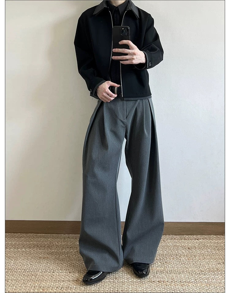 Men’s Pleated A-Line Flare TR Trousers – 3D Wide-Leg Tailored Street Pants B0072