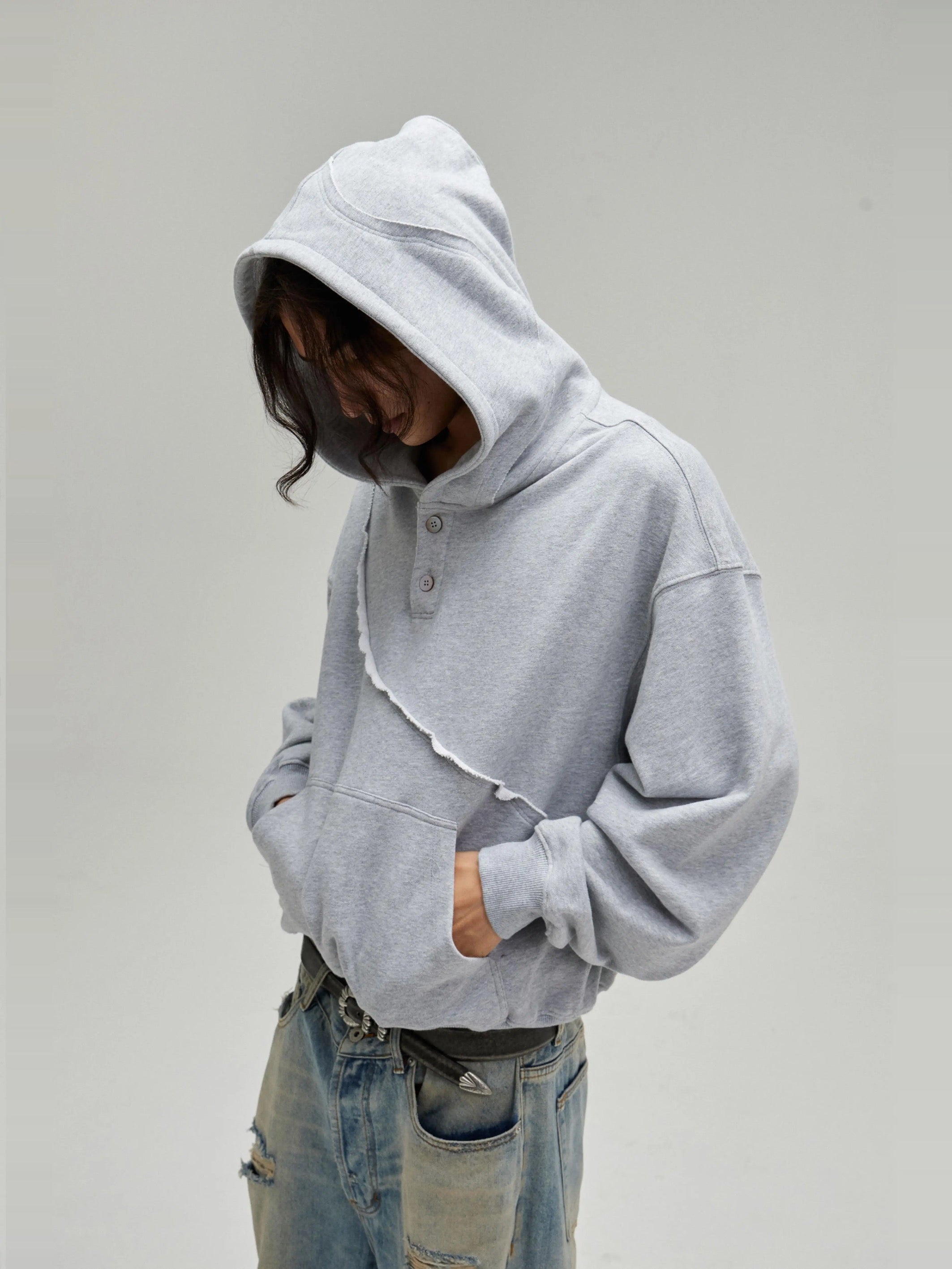 [FLAT ROOM] ASYMMETRIC BUTTON-UP HOODED SWEATSHIRT S0211