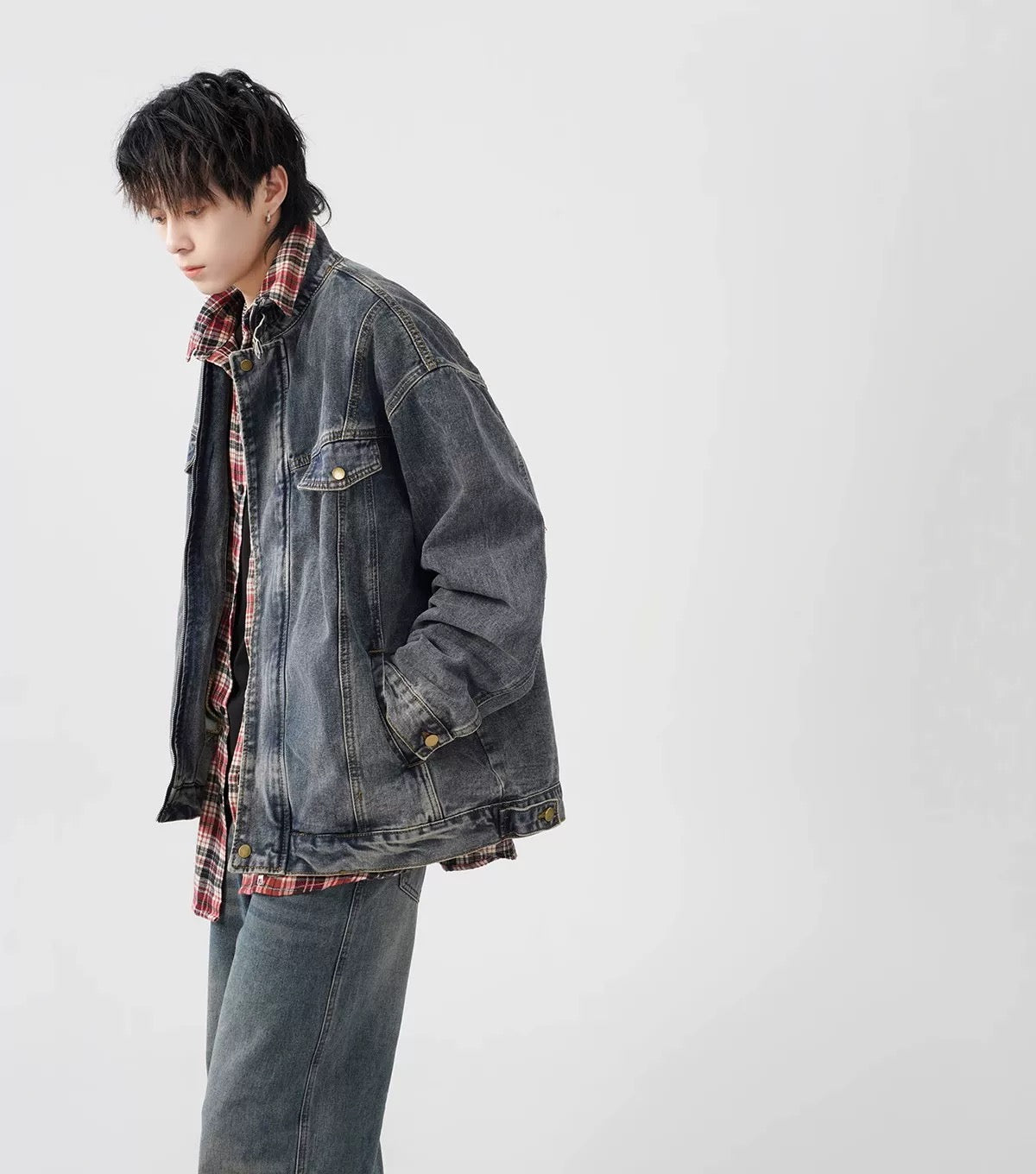 Men’s Vintage Washed Denim Jacket – American Retro Distressed Streetwear Outerwear T0046