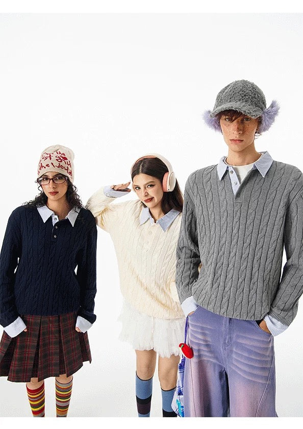 Patchwork Layered Cable Knit Sweater – Faux Two-Piece Vintage Knitwear S0025