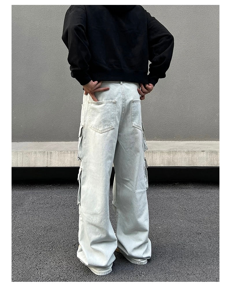 Men’s American Street Style Light Wash Multi-Pocket Jeans – Vintage Cargo Denim Pants B0053