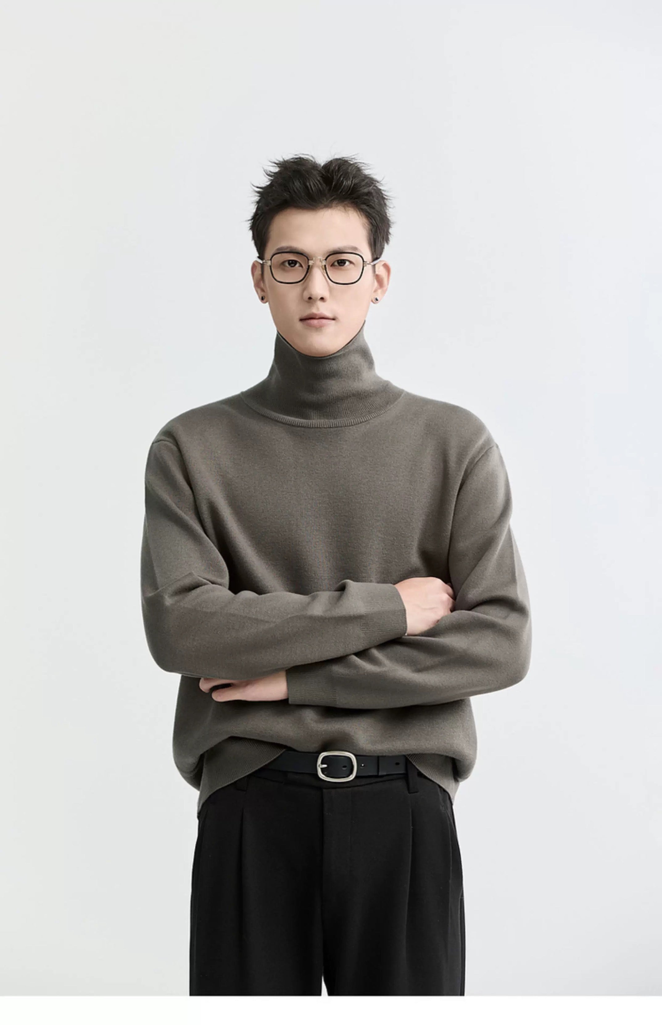 Suéter de punto de cuello alto para hombre - Capa base con forro polar grueso para otoño e invierno T0041