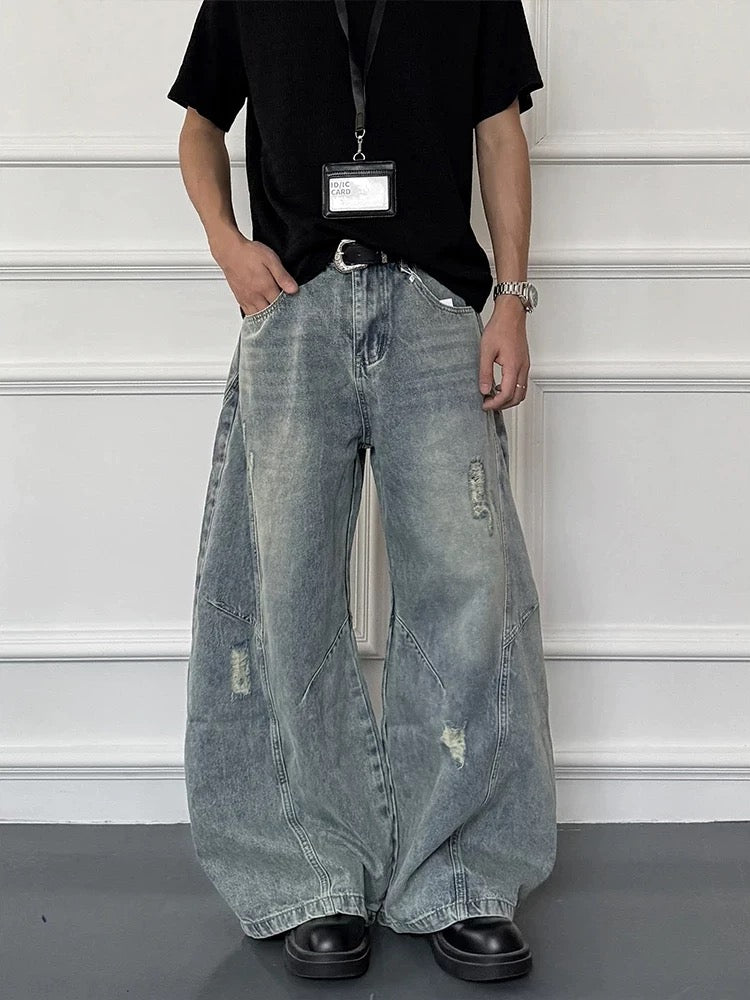 Light Wash Baggy Scimitar Jeans for Men – Loose Fit Wide-Leg Denim Pants 2025 Spring/Fall B0094