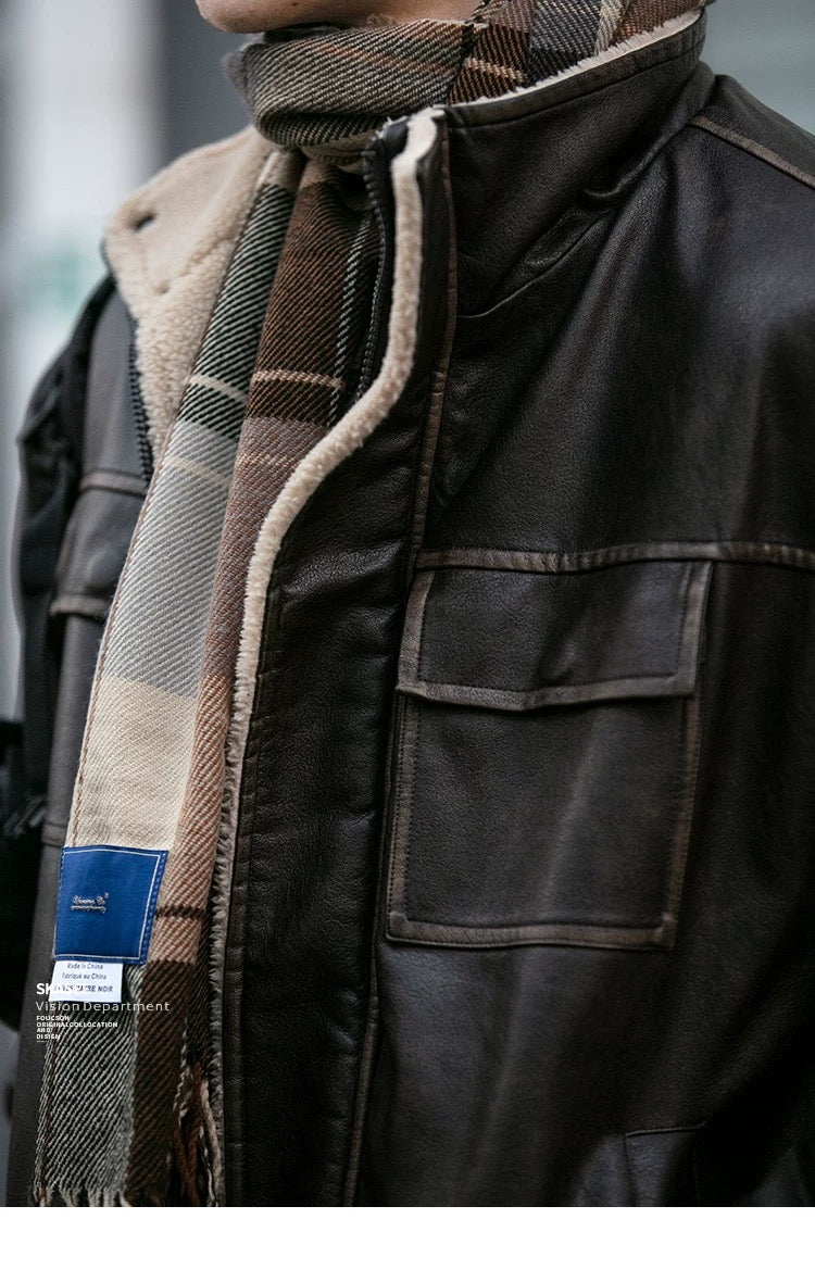 Chaqueta acolchada de algodón y piel sintética con cuello alto retro para hombre, abrigo de calle Morandi marrón grueso y cálido de lana de cordero T0013