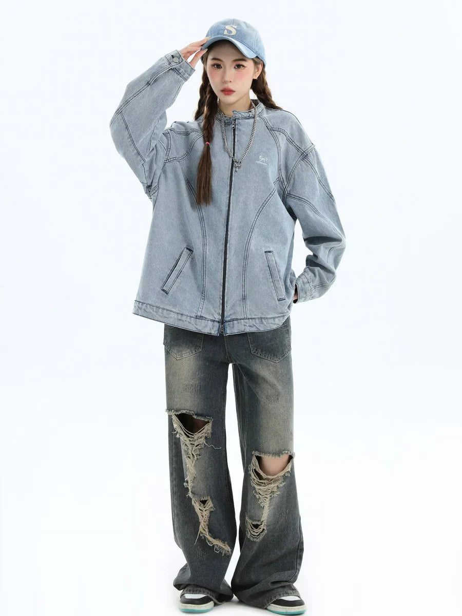 [INSstudios] WASHED DENIM JACKET ZIPPER T0099