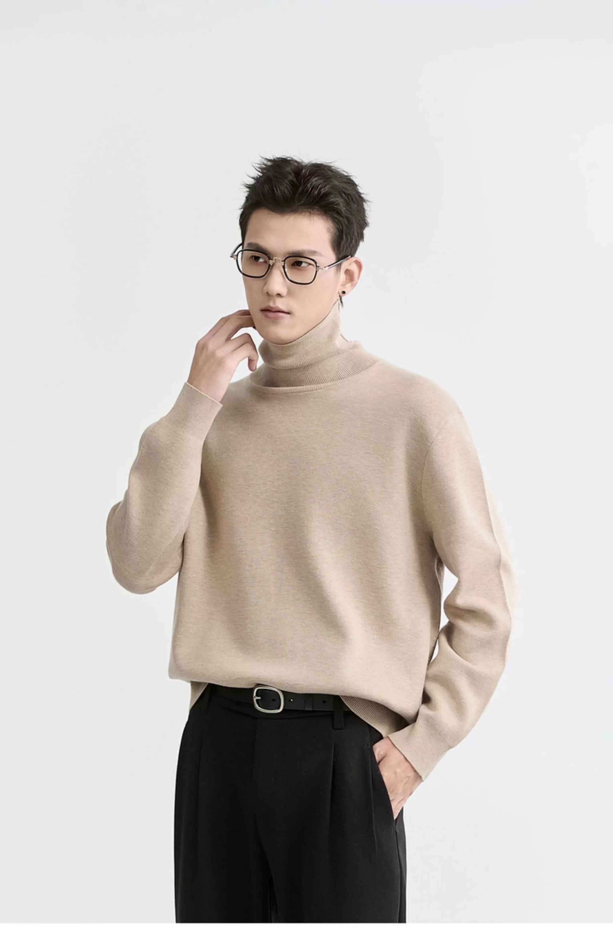 Suéter de punto de cuello alto para hombre - Capa base con forro polar grueso para otoño e invierno T0041