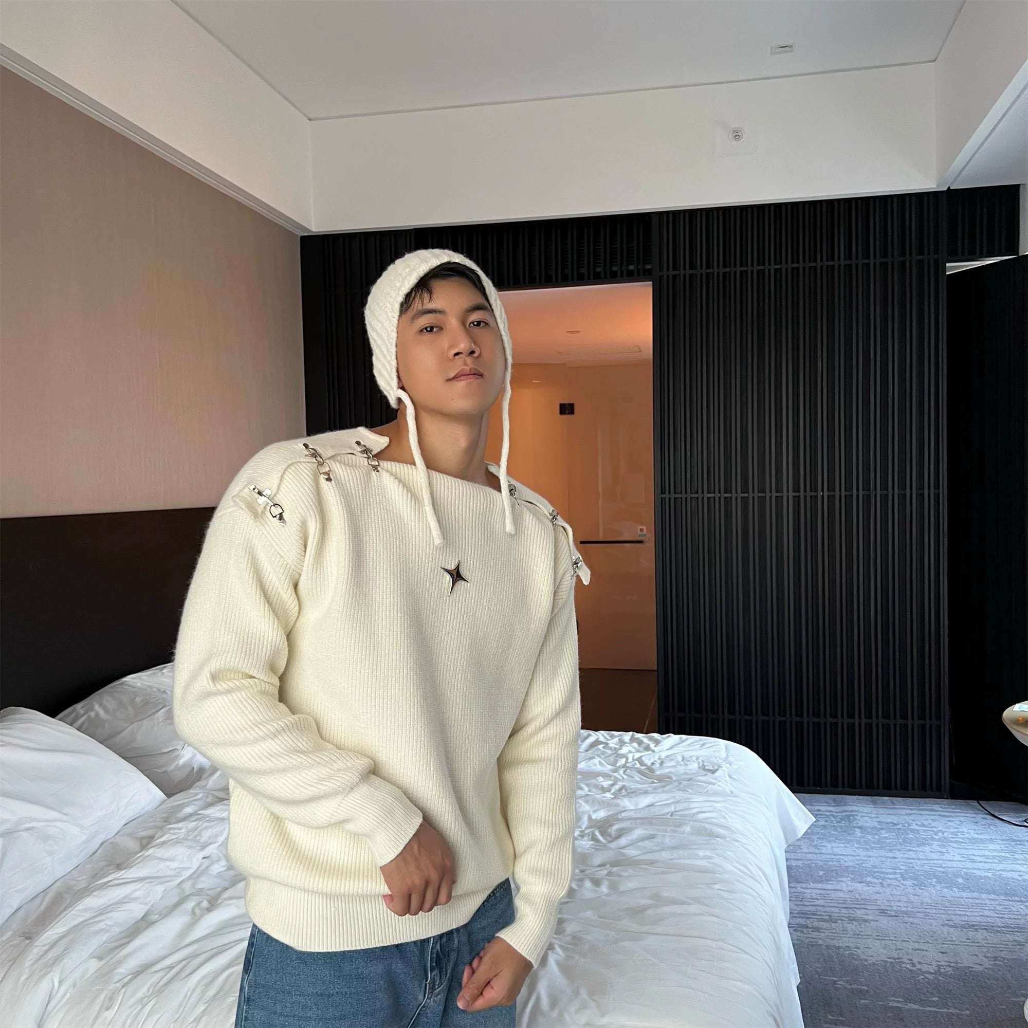 Suéter de punto con hebilla para hombre | Suéter holgado y cálido con estilo urbano T0056