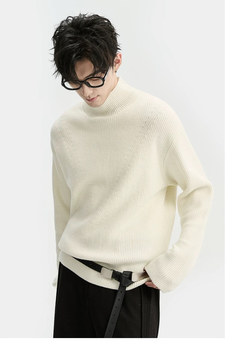 Suéter holgado de punto de lana de color liso para hombre, con cuello semialto y diseño estampado para invierno - Capa base ideal T0043