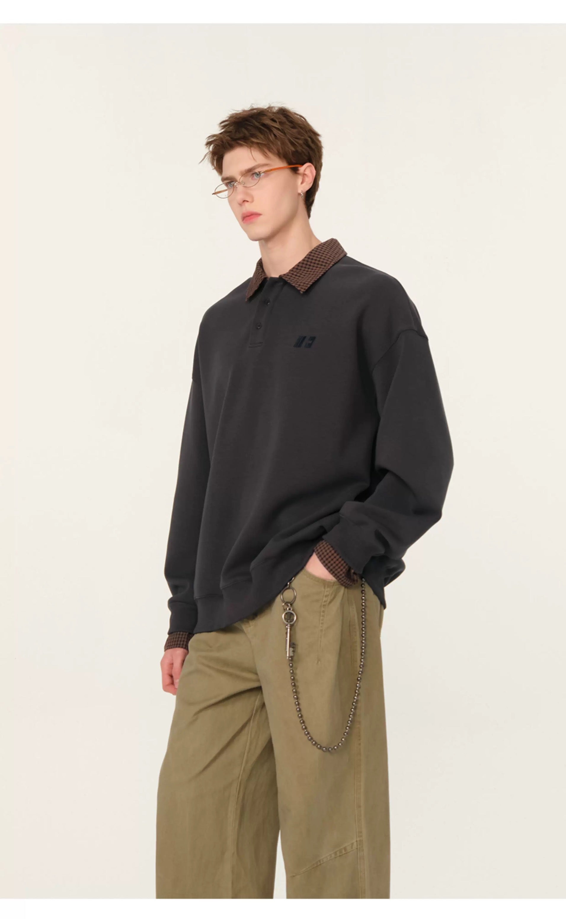 Men’s Layered Polo Sweatshirt – Air Layer Fabric Retro Street Pullover S0041