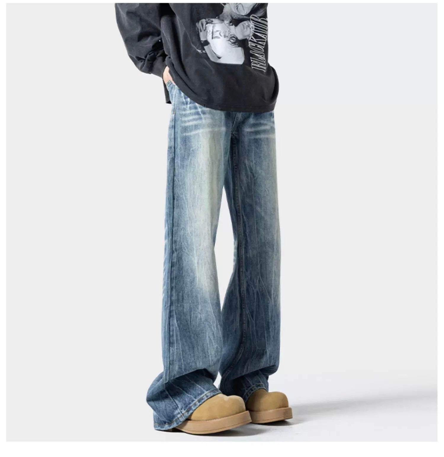 Men’s Lightning Flare Jeans – American Retro Street Denim Pants B0076