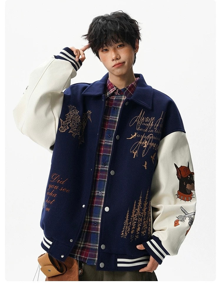 Men’s American Embroidered Patchwork Baseball Jacket – Vintage Streetwear Varsity CoatT0074