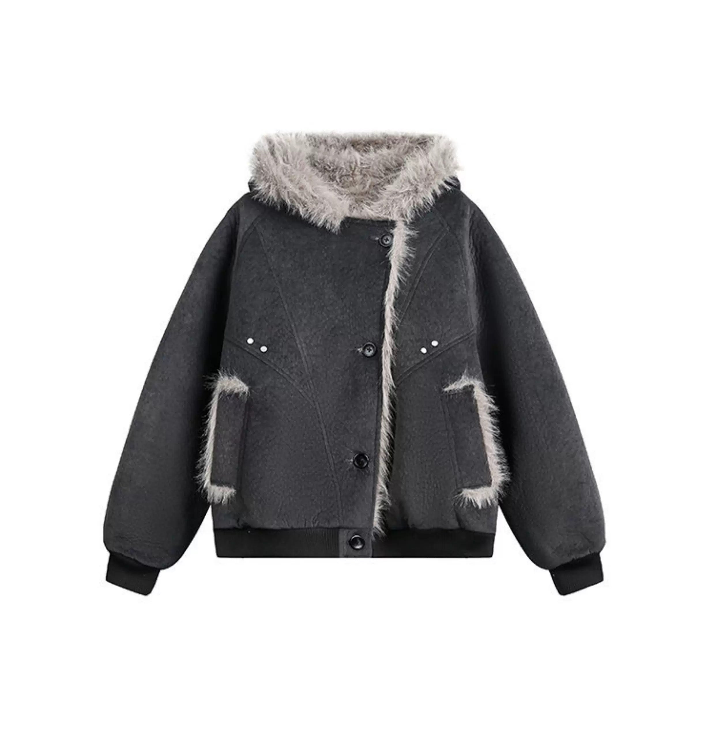 American Vintage Faux Rabbit Fur Hooded Jacket T0254